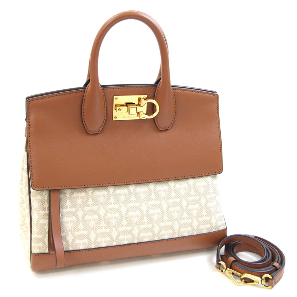 Salvatore Ferragamo Ferragamo Gancini Handbag DH21 H610 Brown Fabric Leather ...